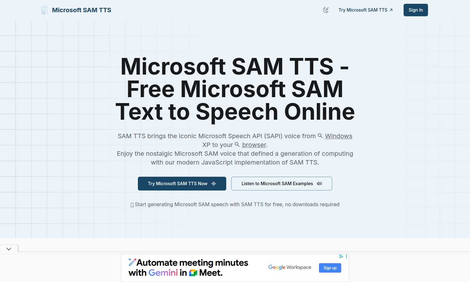 SAM TTS application interface and features