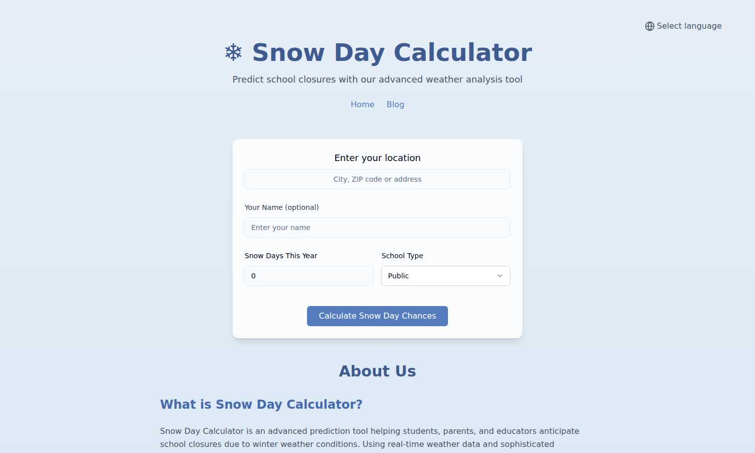 Snow Day Calculator application interface and features
