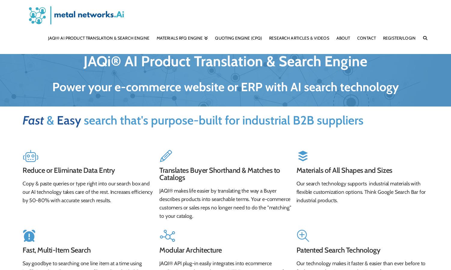 JAQI AI Industrial Materials Search Engine Website