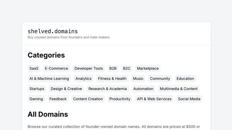 Shelved Domains application interface and features
