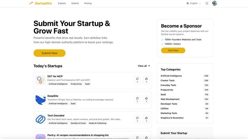 StartupDirs application interface and features