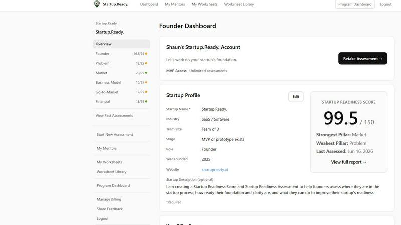 Startup.Ready. application interface and features